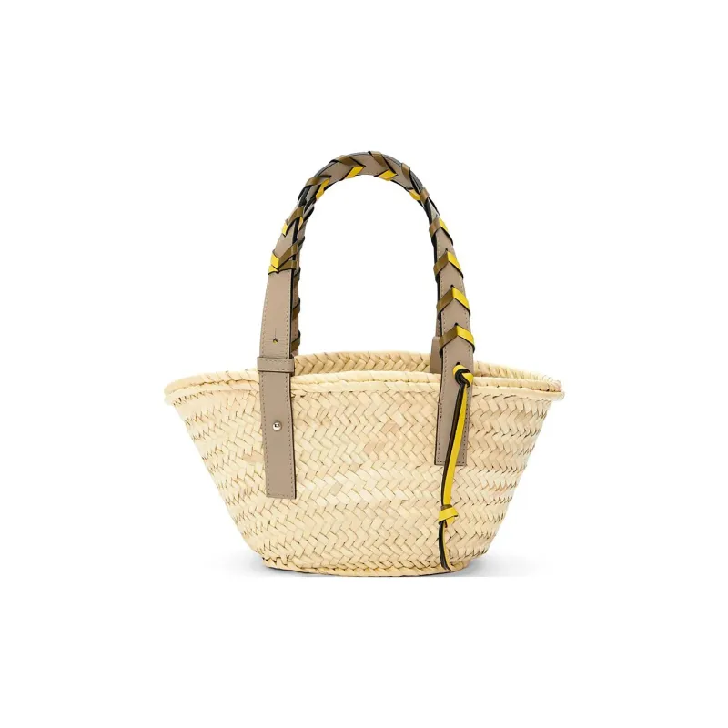 LOEWE Basket Palm Leaf Cow Leather Patchwork Handbag Small Size Women's Olive/Sand-2