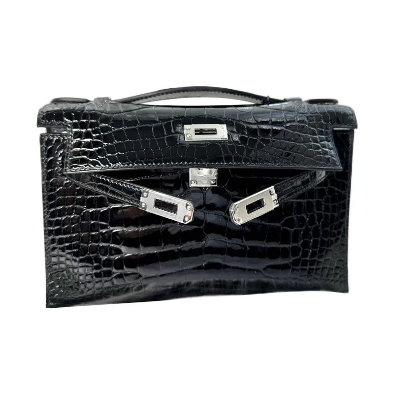 HERMES Kelly Crocodile Leather Kelly Bag Handbags Mini Women's Noir Black-2