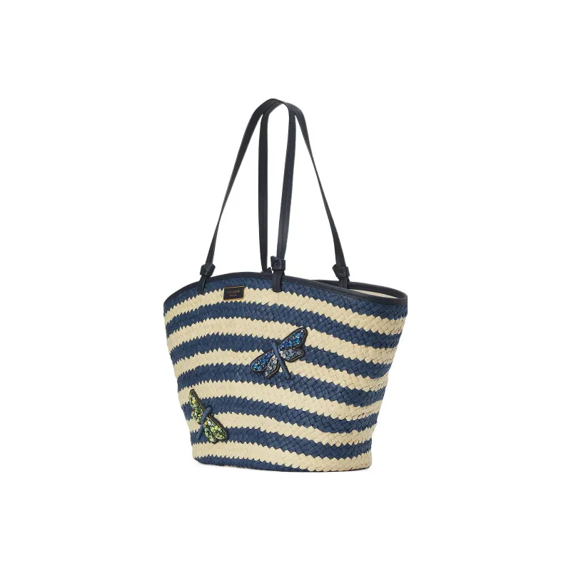 Kate Spade Straw Woven Leather Tote Bag Shopping Bag Handbag Shoulder Bag Women's Blue & Khaki-1