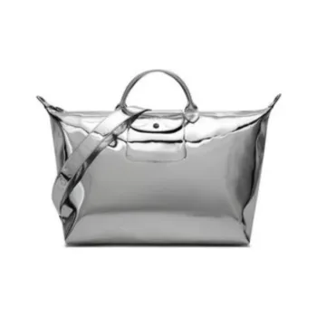 LONGCHAMP Canvas Travel Bag Crossbody Handbag Large Size Women's Silver