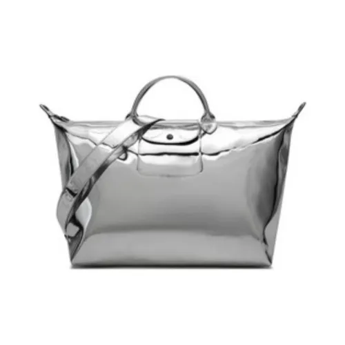 LONGCHAMP Canvas Travel Bag Crossbody Handbag Large Size Women's Silver