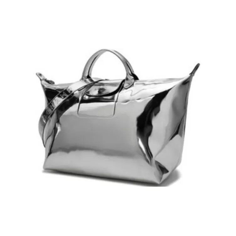 LONGCHAMP Canvas Travel Bag Crossbody Handbag Large Size Women's Silver-1