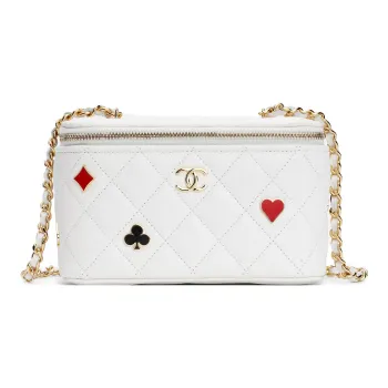 CHANEL Litchi Grain Cow Leather Box Bag, Makeup Bag, Shoulder Bag, Crossbody Bag Medium Size Women's White