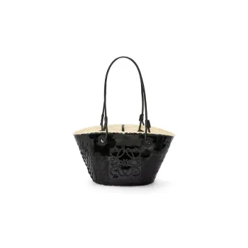 LOEWE Anagram Basket Sequins Iraque Palm Fiber Cow Leather Patchwork Handbag Shoulder Bag Women's Black