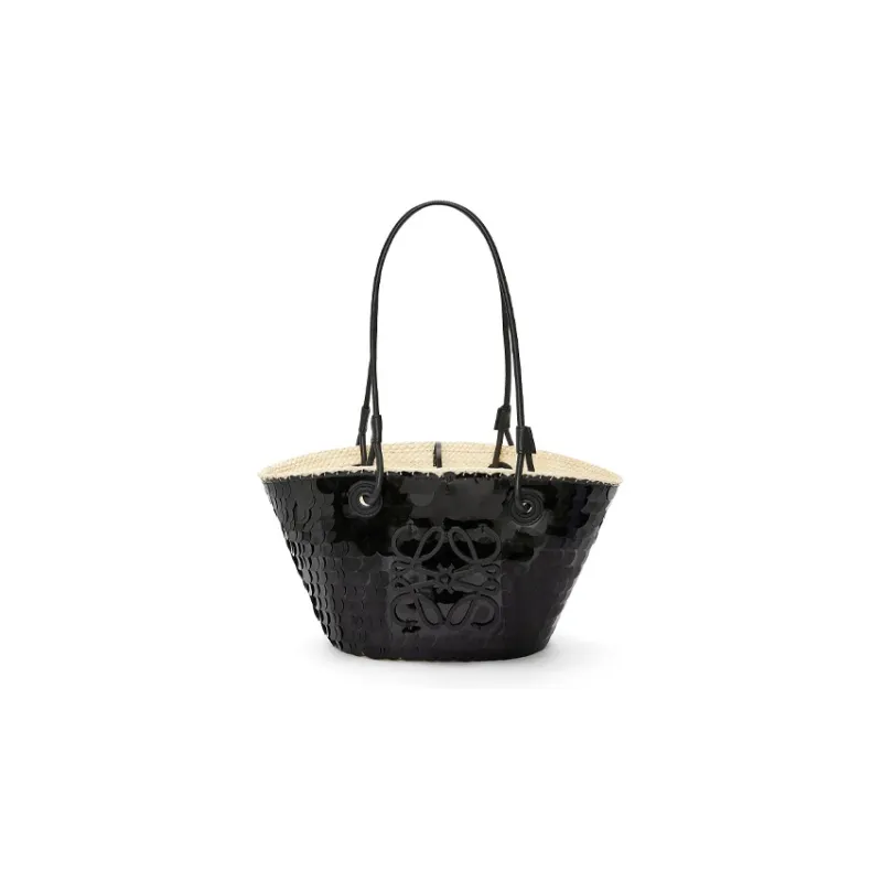 LOEWE Anagram Basket Sequins Iraque Palm Fiber Cow Leather Patchwork Handbag Shoulder Bag Women's Black-0