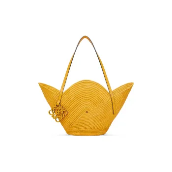 LOEWE Basket Raffia Fiber Cow Leather Patchwork Handbag Women's Ochre