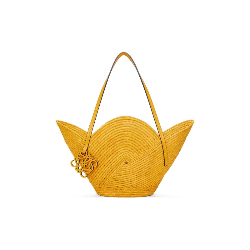 LOEWE Basket Raffia Fiber Cow Leather Patchwork Handbag Women's Ochre-0