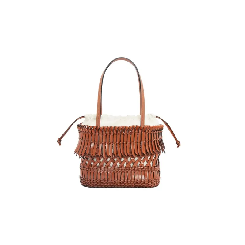 LOEWE Basket Textile Cow Leather One Shoulder Handbags Women's Tan-2