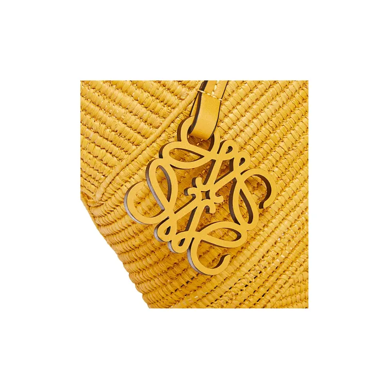 LOEWE Basket Raffia Fiber Cow Leather Patchwork Handbag Women's Ochre-4