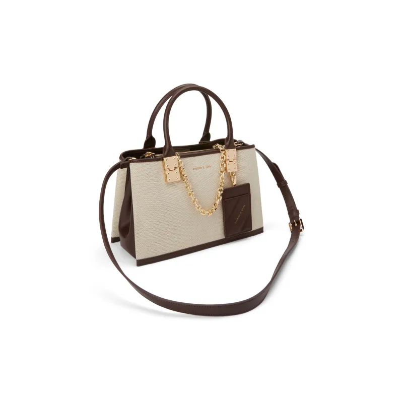 CHARLES&KEITH Pu Leather Kelly Bag Handbag Tubas Women's Dark Brown/Beige-2
