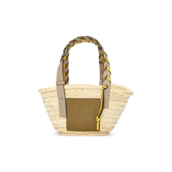 LOEWE Basket Palm Leaf Cow Leather Patchwork Handbag Small Size Women's Olive/Sand