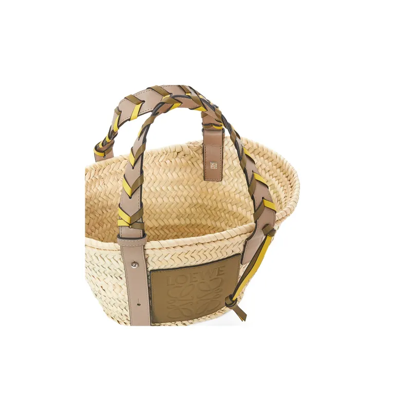 LOEWE Basket Palm Leaf Cow Leather Patchwork Handbag Small Size Women's Olive/Sand-3