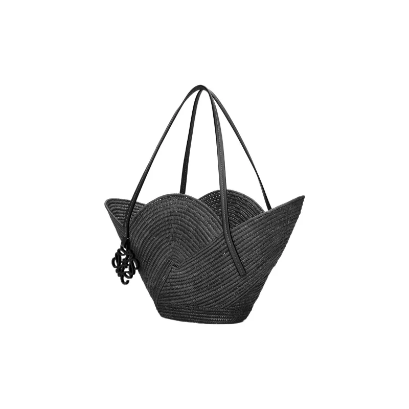 LOEWE Basket Raffia Fiber Cow Leather Patchwork Handbag Women's Black-1