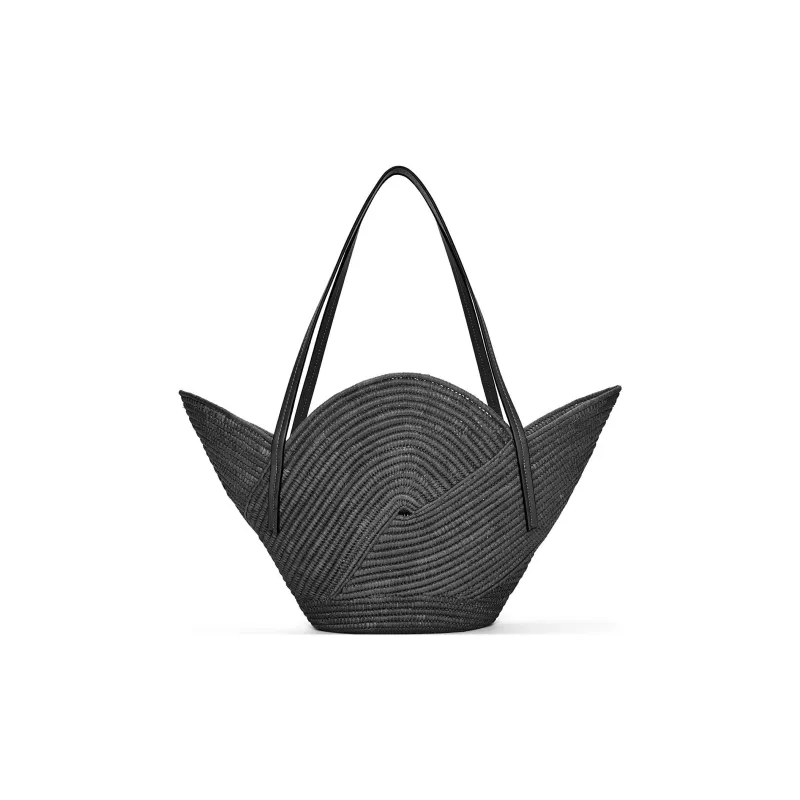 LOEWE Basket Raffia Fiber Cow Leather Patchwork Handbag Women's Black-2