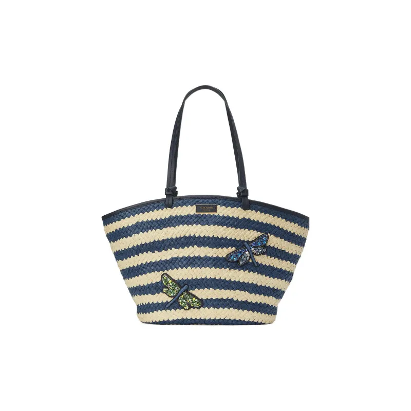 Kate Spade Straw Woven Leather Tote Bag Shopping Bag Handbag Shoulder Bag Women's Blue & Khaki-0