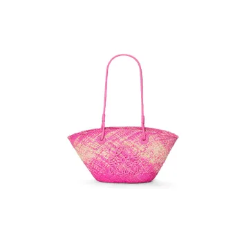 LOEWE Anagram Basket Iraqa Palm Fiber Cow Leather Patchwork Handbag Shoulder Bag Women's Peach Pink