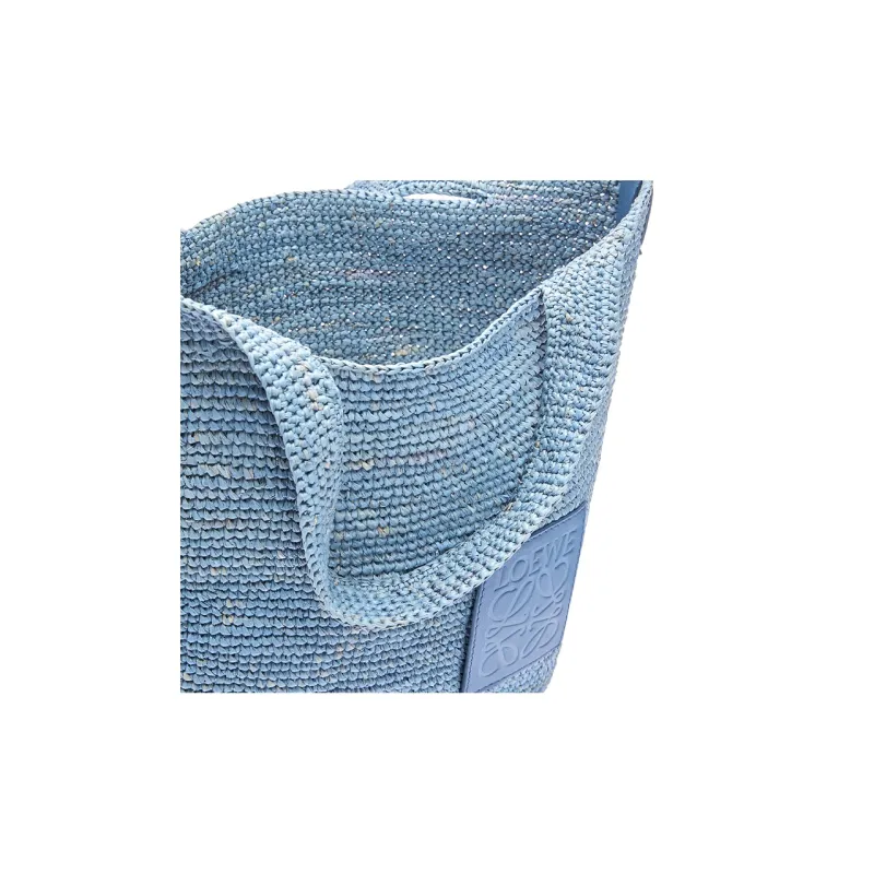 LOEWE Slit Raffia Fiber Cow Leather Patchwork Handbag Shoulder Bag Crossbody Bag Mini Women's Denim Blue-4