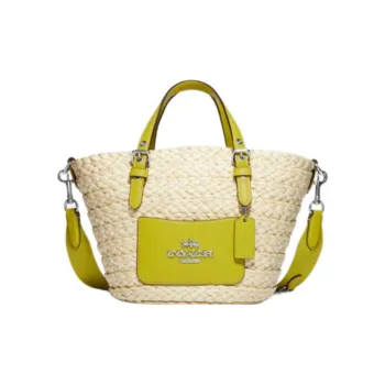 COACH Straw Woven With Leather Tote Bag, Shopping Bag, Tote Handbag Medium Size Women's Light Khaki & Green