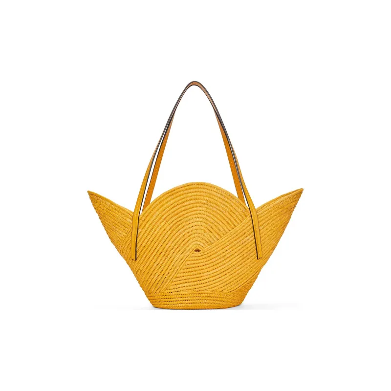 LOEWE Basket Raffia Fiber Cow Leather Patchwork Handbag Women's Ochre-2