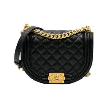 CHANEL Embossed Calfskin With Gold Metal Messenger Bag Shoulder Bag Crossbody Bag Small Size Women's Black