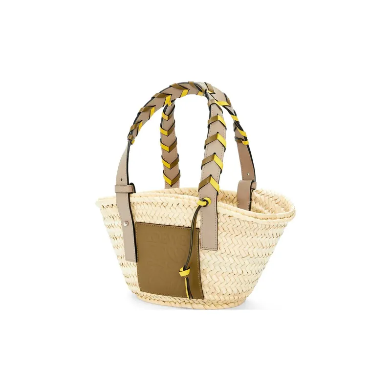 LOEWE Basket Palm Leaf Cow Leather Patchwork Handbag Small Size Women's Olive/Sand-1