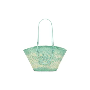 LOEWE Anagram Basket Iraqa Palm Fiber Cow Leather Patchwork Handbag Shoulder Bag Women's Mint Green
