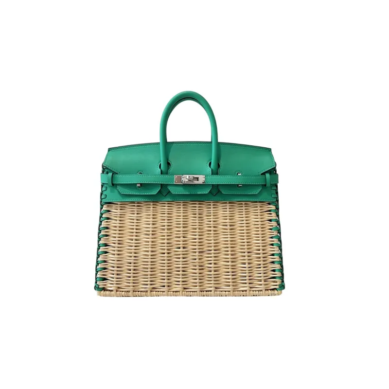 HERMES Birkin Wicker Patchwork Leather Birkin Bag Rattan Handbag Regular Women's 6W Menthe Mint Green-0
