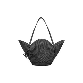 LOEWE Basket Raffia Fiber Cow Leather Patchwork Handbag Women's Black