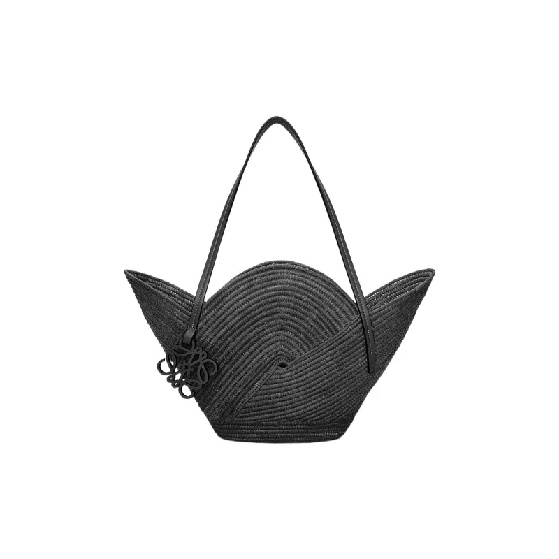 LOEWE Basket Raffia Fiber Cow Leather Patchwork Handbag Women's Black-0