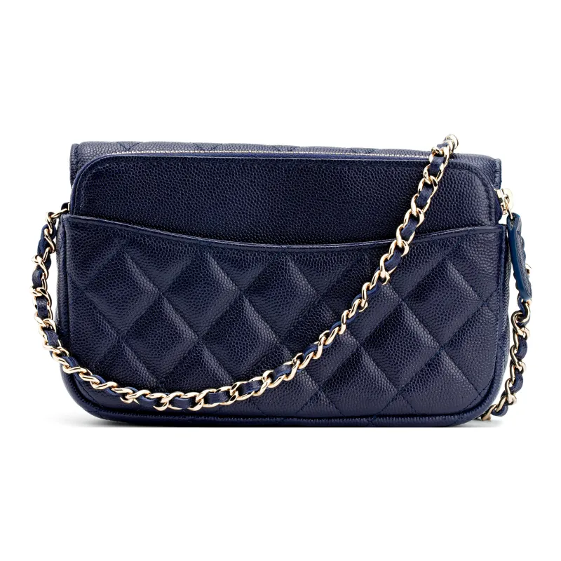 CHANEL WOC Caviar Calfskin 2 in 1 Flap Bag, Cell Phone Pouch, Shoulder Bag, Crossbody Bag Women's Marine Blue-2