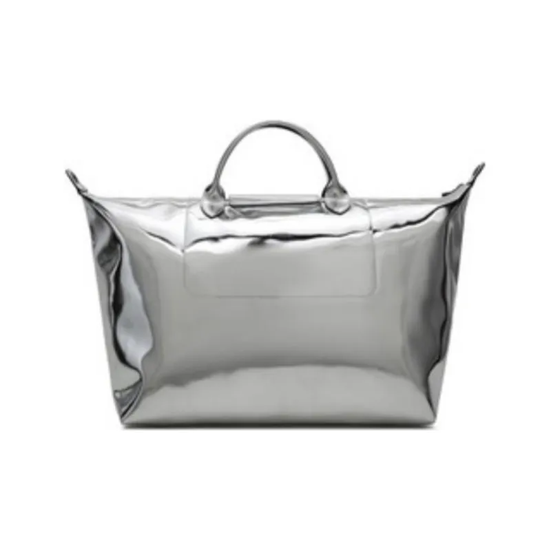 LONGCHAMP Canvas Travel Bag Crossbody Handbag Large Size Women's Silver-3