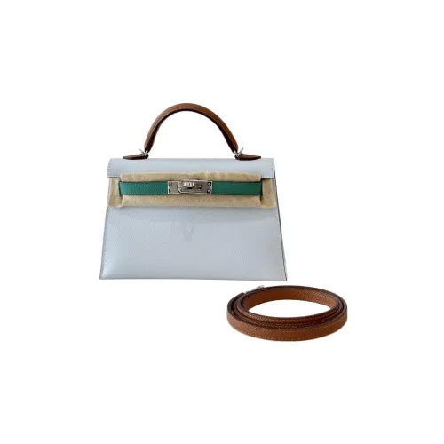 HERMES Kelly Epsom Leather Kelly Bag Handbags Women's Misty Blue/Emperor Green/Gold Brown