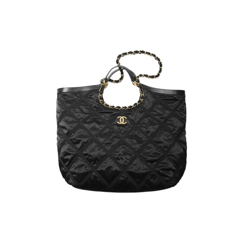 CHANEL Nylon Tote Bag, Shopping Bag, Handbag Medium Size Women's Black Gold-2
