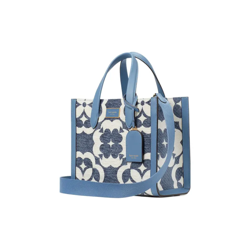 Kate Spade Manhattan Fabric Bonded Split Cow Leather Tote Bag Shopping Bag One Shoulder Handbag Small Size Women's Blue-1