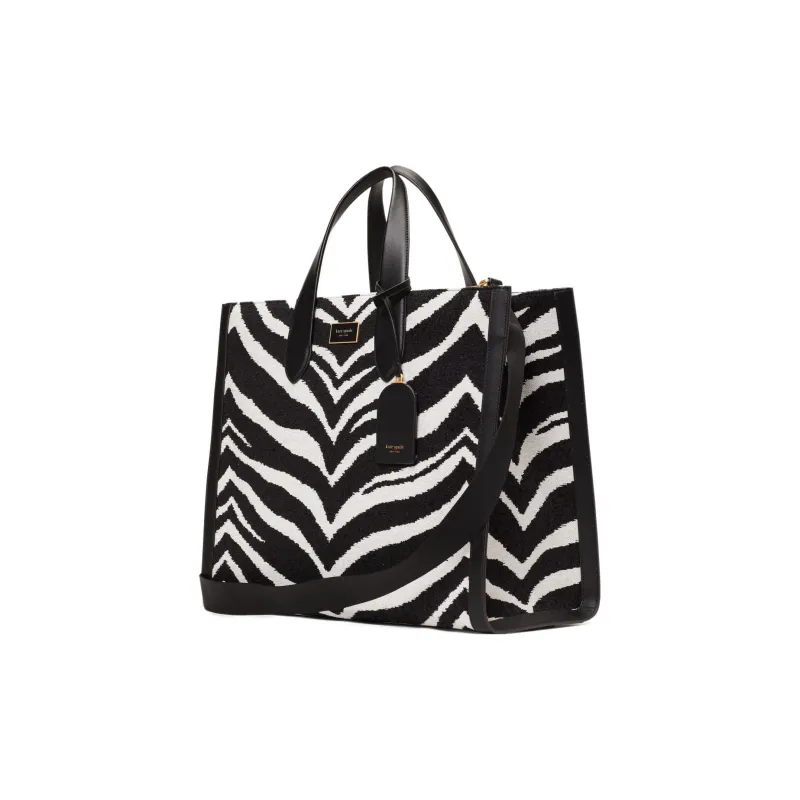 Kate Spade Manhattan Cow Leather Patchwork With Fabric Tote Bag Shopping Bag Handbags Large Size Women's Black White-1