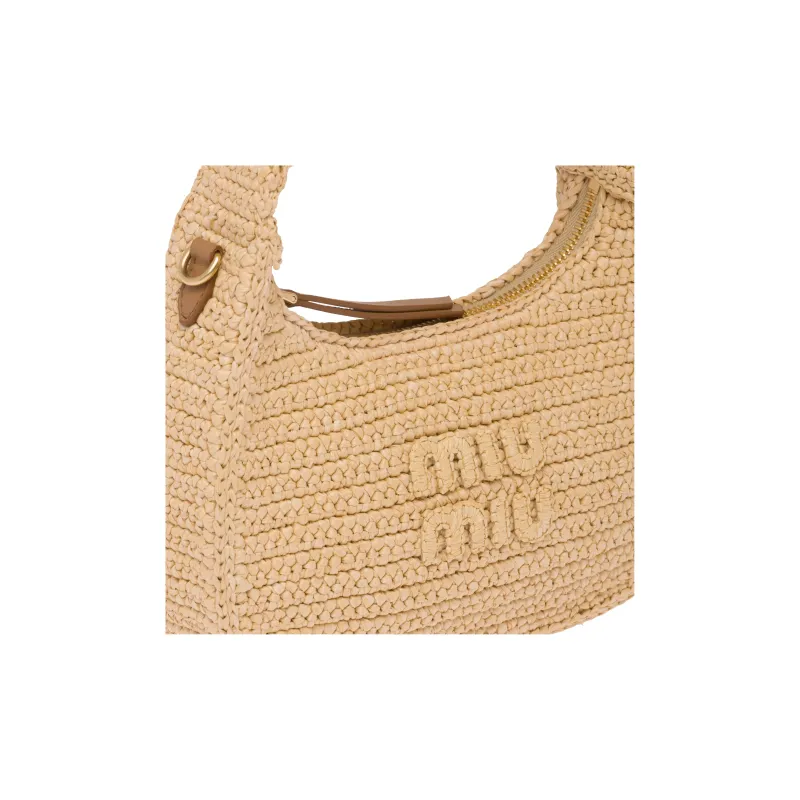 MIU MIU Wander Series Threading Needle Woven Fabric Hobo Bag, Shoulder Bag, Handbag Regular Women's Beige-4