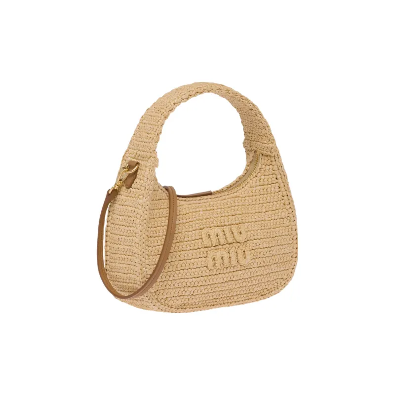 MIU MIU Wander Series Threading Needle Woven Fabric Hobo Bag, Shoulder Bag, Handbag Regular Women's Beige-1
