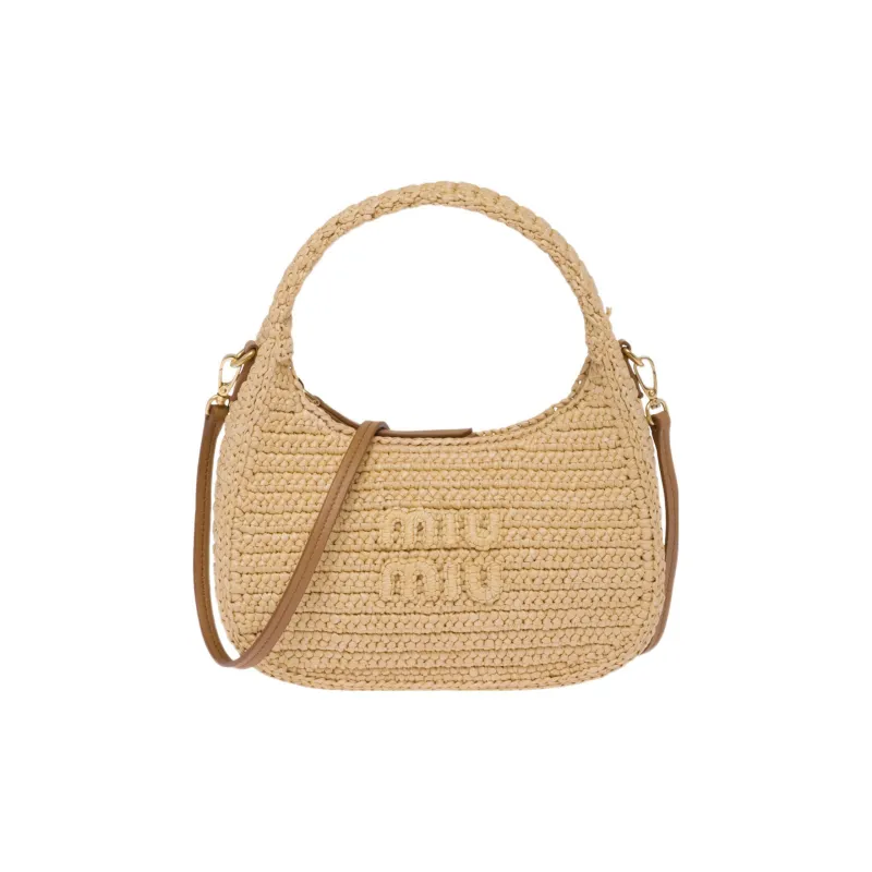 MIU MIU Wander Series Threading Needle Woven Fabric Hobo Bag, Shoulder Bag, Handbag Regular Women's Beige-0