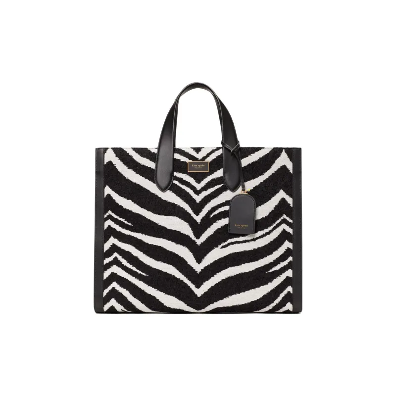 Kate Spade Manhattan Cow Leather Patchwork With Fabric Tote Bag Shopping Bag Handbags Large Size Women's Black White-0