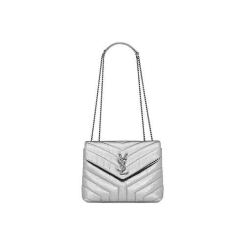 SAINT LAURENT LOULOU Quilted Cow Leather Chain Shoulder Bag Crossbody Bag Small Size Women's Silver