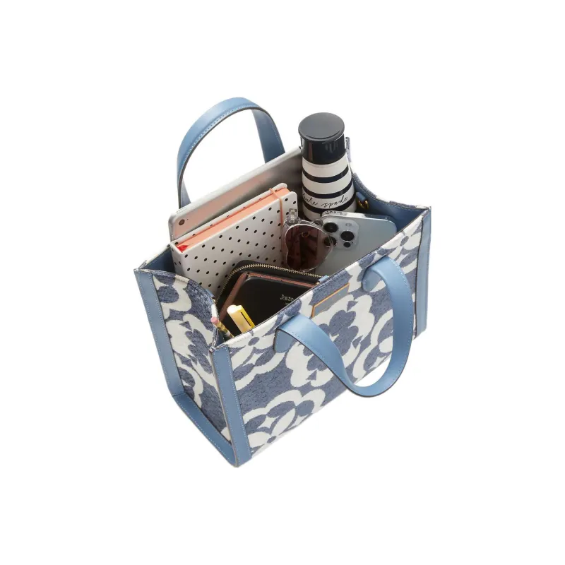 Kate Spade Manhattan Fabric Bonded Split Cow Leather Tote Bag Shopping Bag One Shoulder Handbag Small Size Women's Blue-3