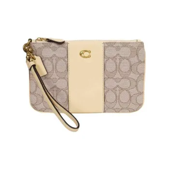 COACH Wristlet Cotton With Cow Leather Clutch Women's Beige