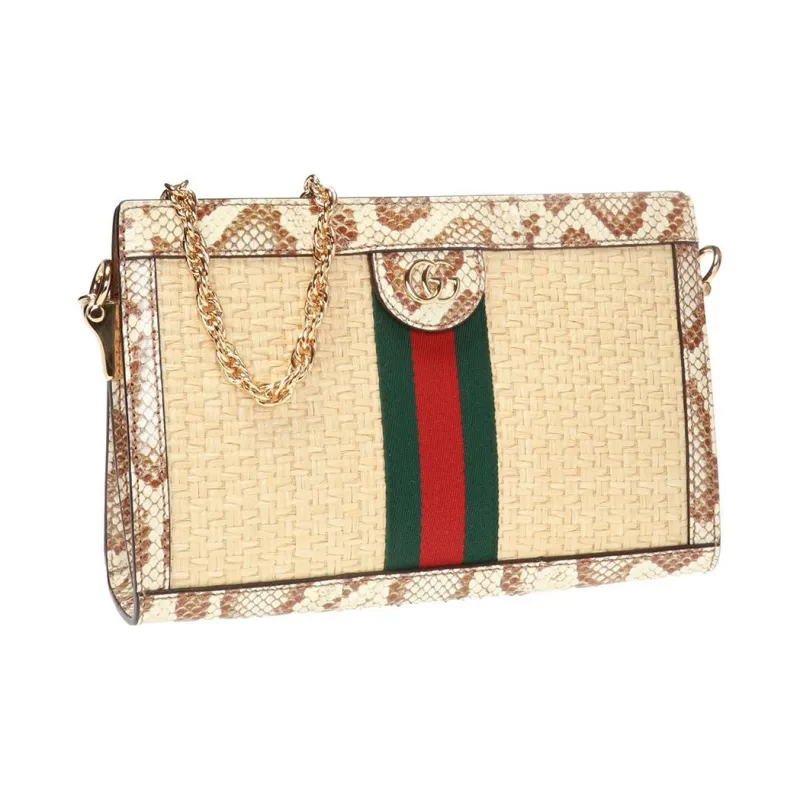 GUCCI Ophidia Straw Woven With Snake Skin Crossbody Bag Shoulder Bag Women's Beige-1
