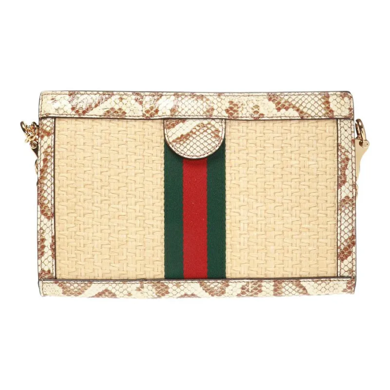GUCCI Ophidia Straw Woven With Snake Skin Crossbody Bag Shoulder Bag Women's Beige-2