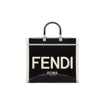 FENDI Sunshine Canvas With Patent Leather Tote Bag, Shopping Bag, Handbag Medium Size Women's Black
