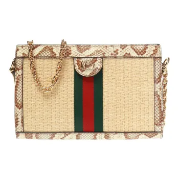 GUCCI Ophidia Straw Woven With Snake Skin Crossbody Bag Shoulder Bag Women's Beige