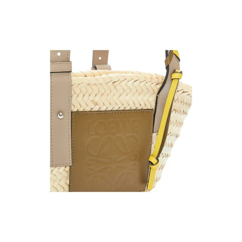LOEWE Basket Palm Leaf Cow Leather Patchwork Handbag Small Size Women's Olive/Sand-4