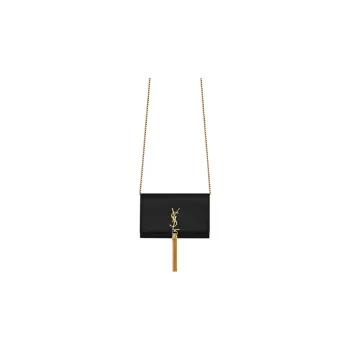 SAINT LAURENT KATE Grain Pattern Embossed Cow Leather Chain Wallet Women's Black