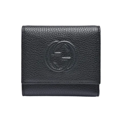 GUCCI Litchi Grain Cow Leather Wallet Women's Black