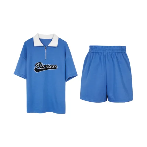 IBUDU Casual Suits Women's Blue Set Tops+Shorts